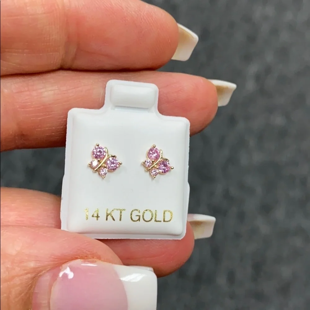 New 14k solid yellow Gold Butterfly Pink CZ Earrings